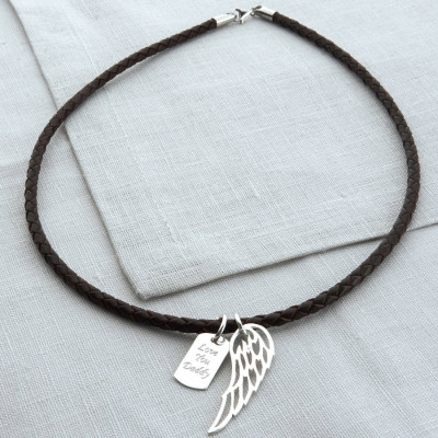 Personalised Silver Wing And Dogtag Leather Necklet - Handcrafted & Custom-Made
