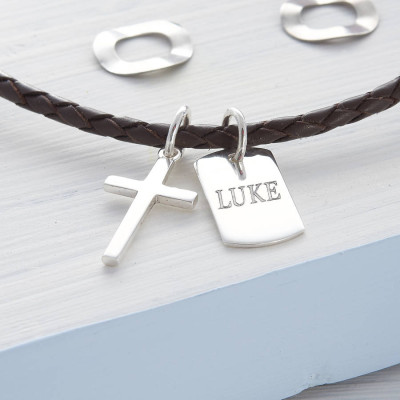 Personalised Silver Cross And Tag Leather Necklet - Handcrafted & Custom-Made