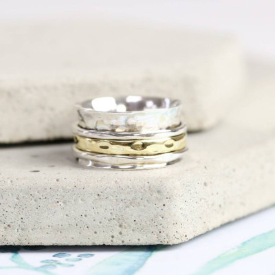 Sterling Silver And Gold Hammered Effect Spinning Ring - Handcrafted & Custom-Made