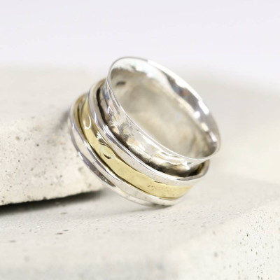 Sterling Silver And Gold Hammered Effect Spinning Ring - Handcrafted & Custom-Made