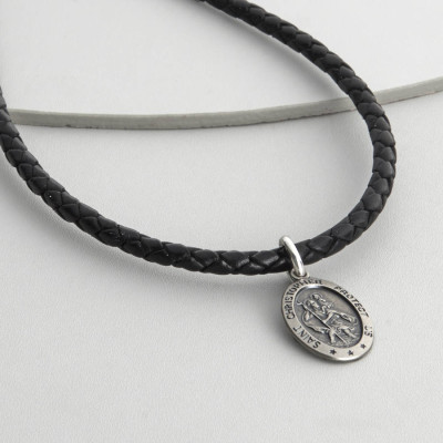 Mens Personalised Woven Leather St Christopher Necklet - Handcrafted & Custom-Made